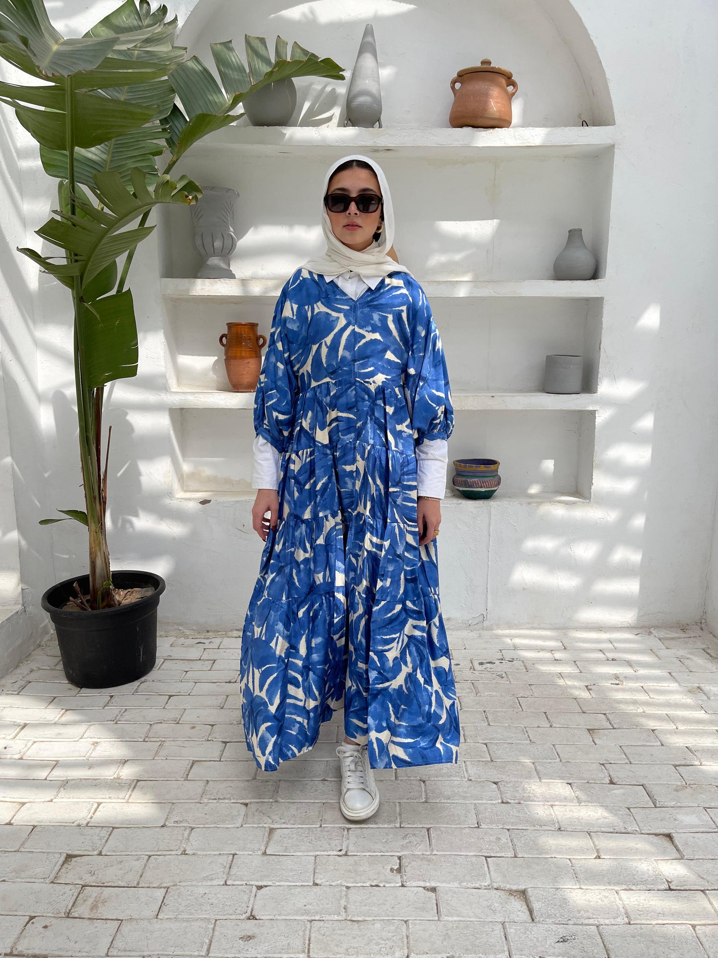 Leafy Linen Dress in Blue