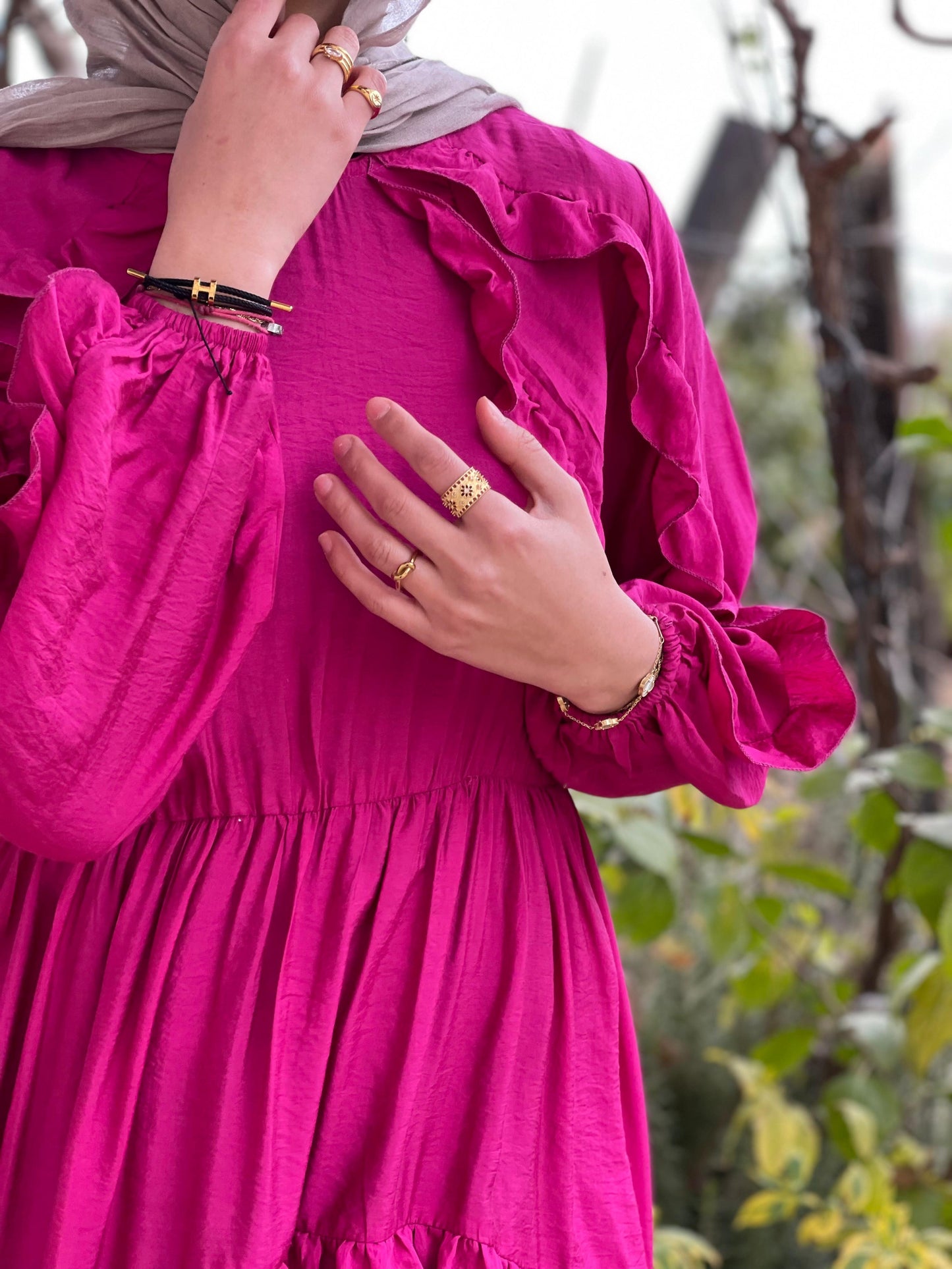 Plain Ruffled Dress (Fuchsia)