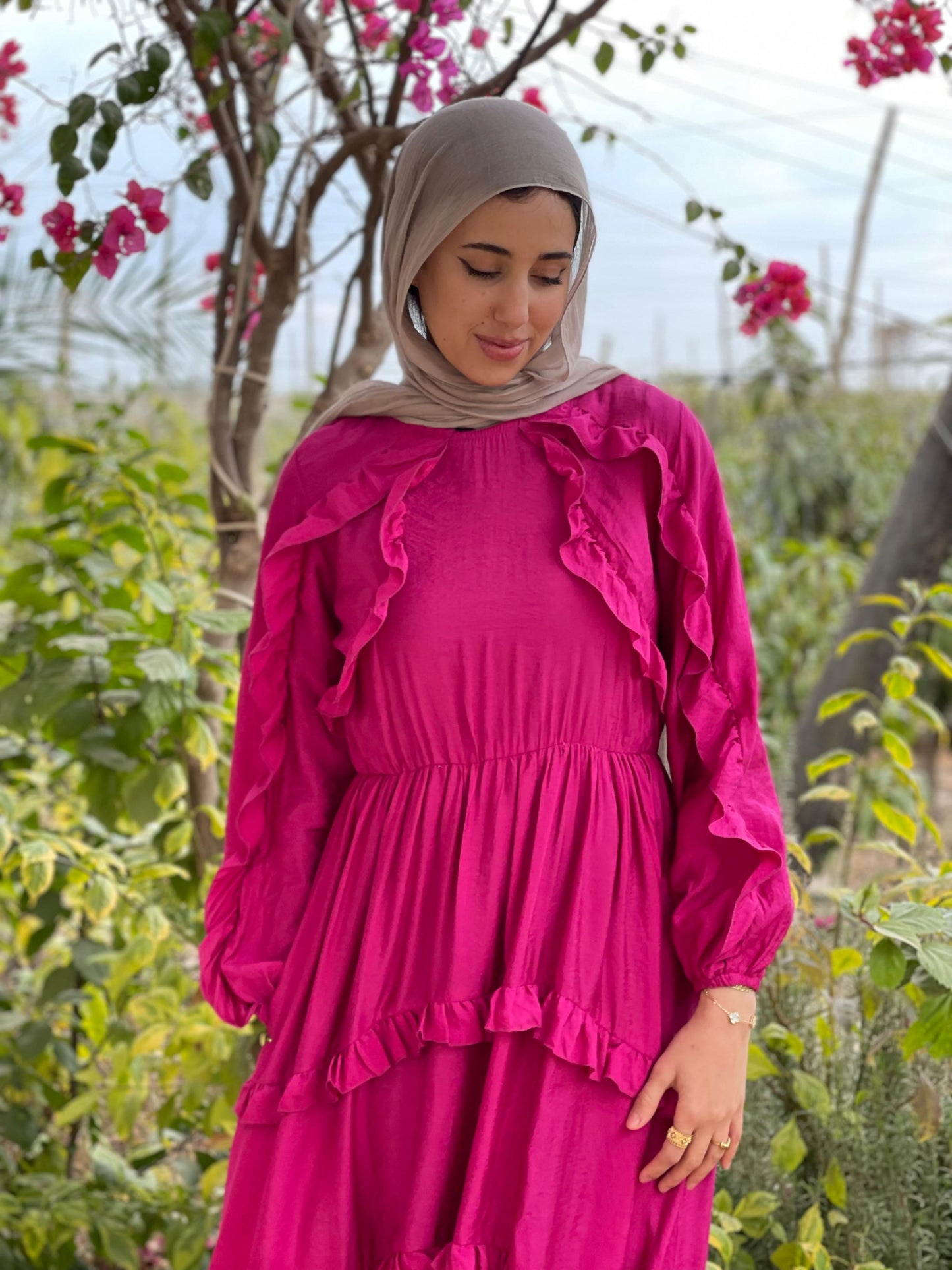 Plain Ruffled Dress (Fuchsia)
