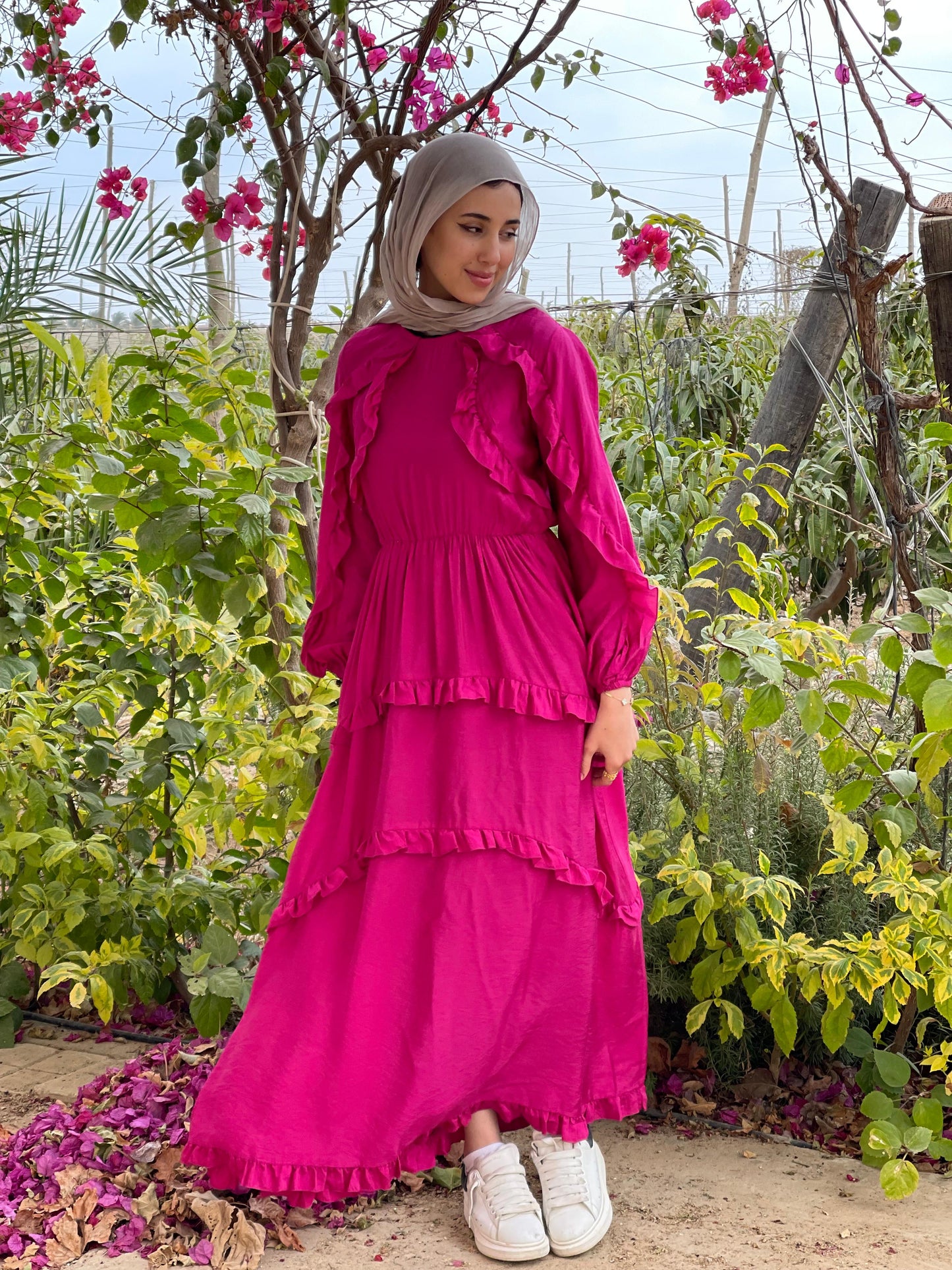 Plain Ruffled Dress (Fuchsia)