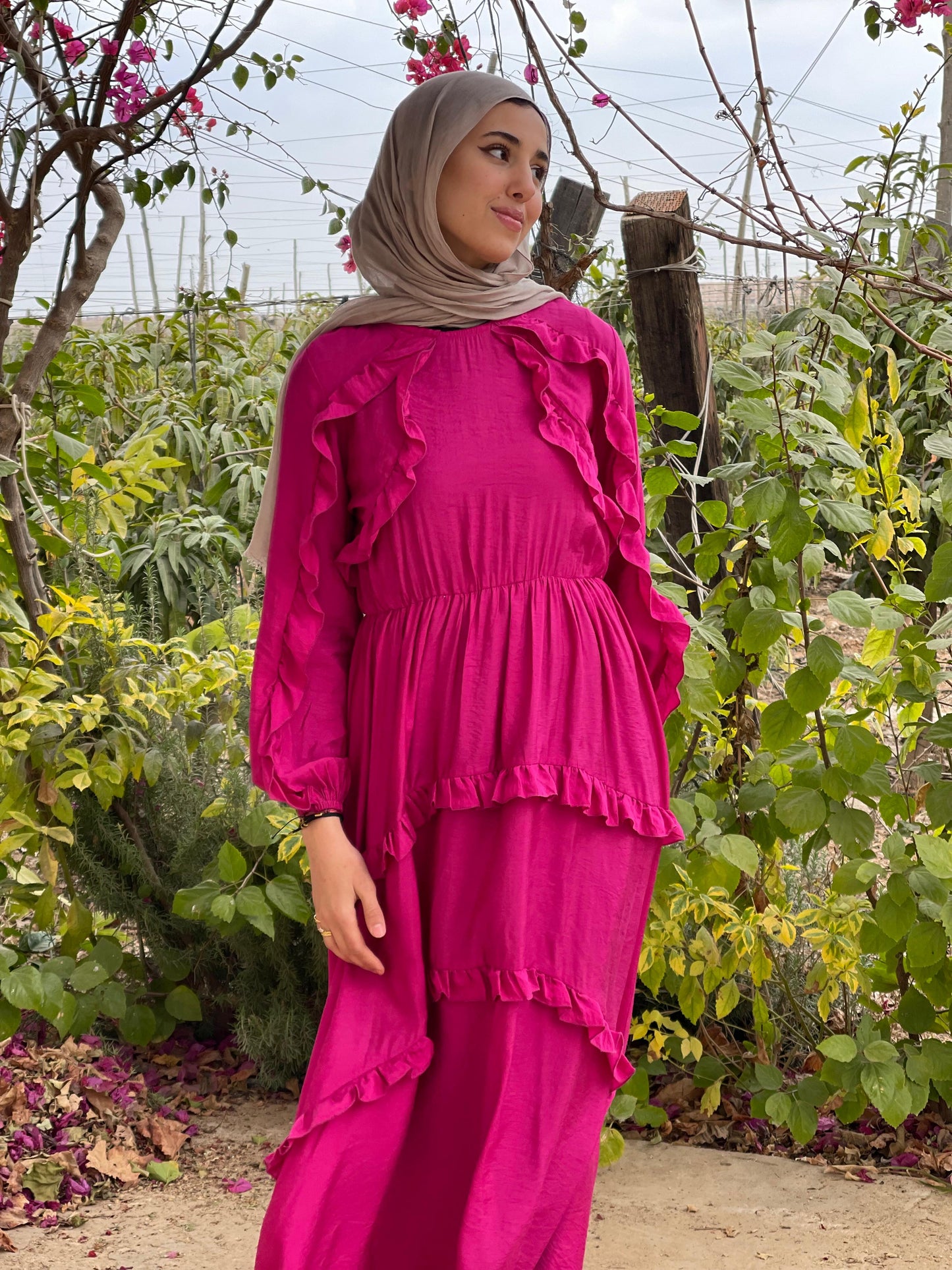 Plain Ruffled Dress (Fuchsia)