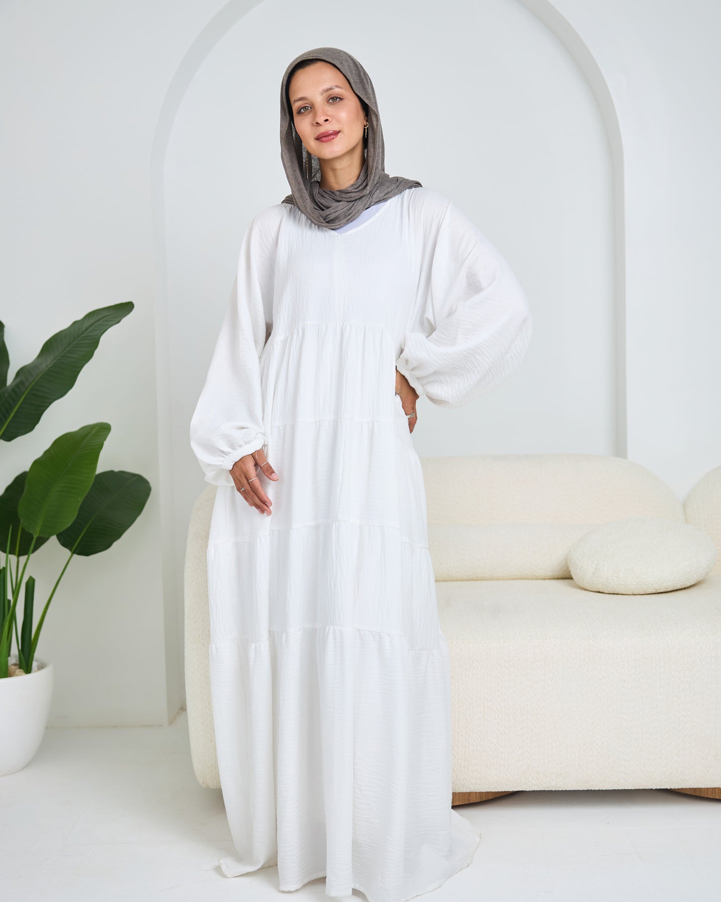 Linen Tiered Dress in white