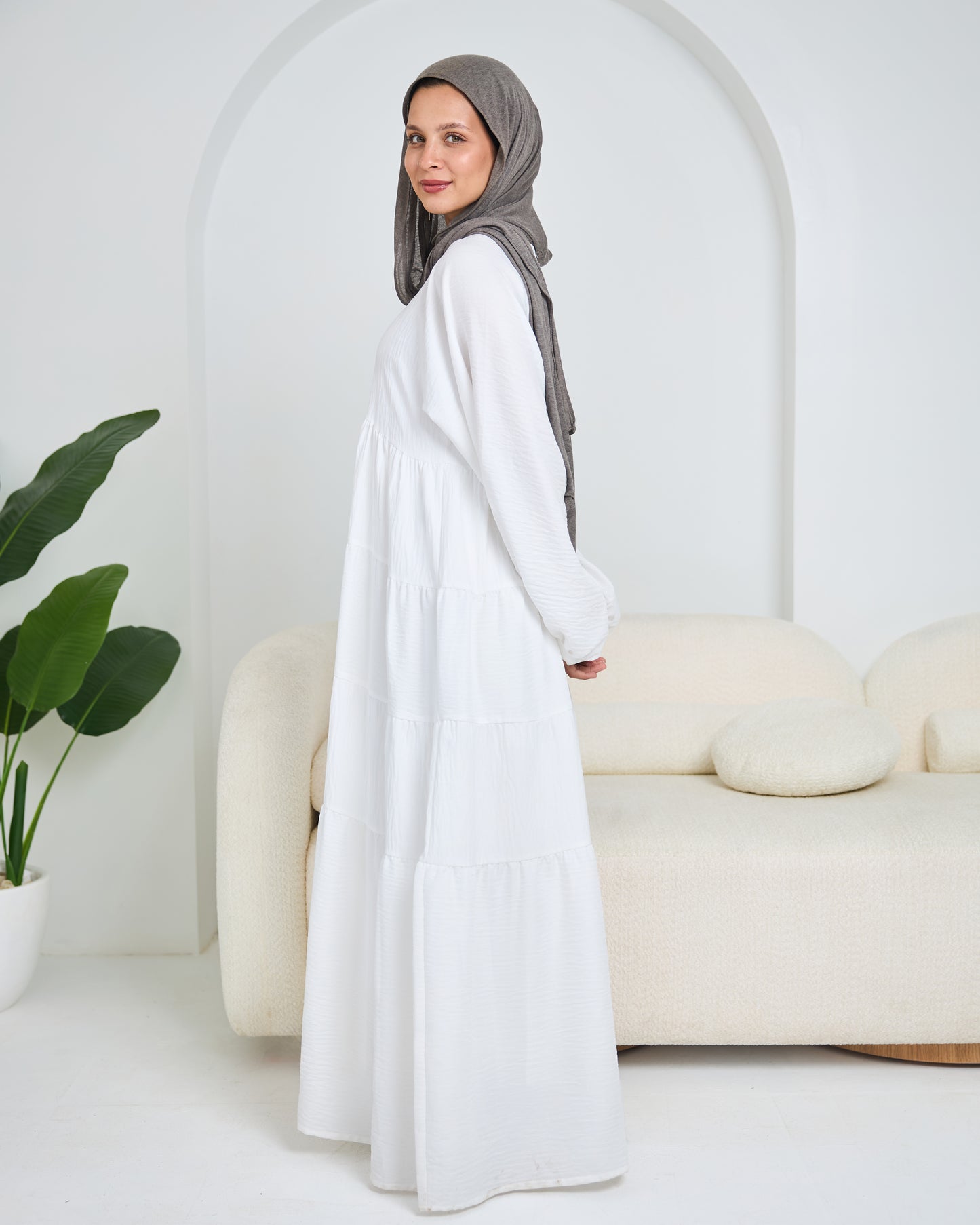 Linen Tiered Dress in white