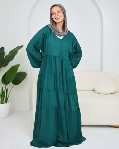 Linen Tiered Dress in Emerald-green