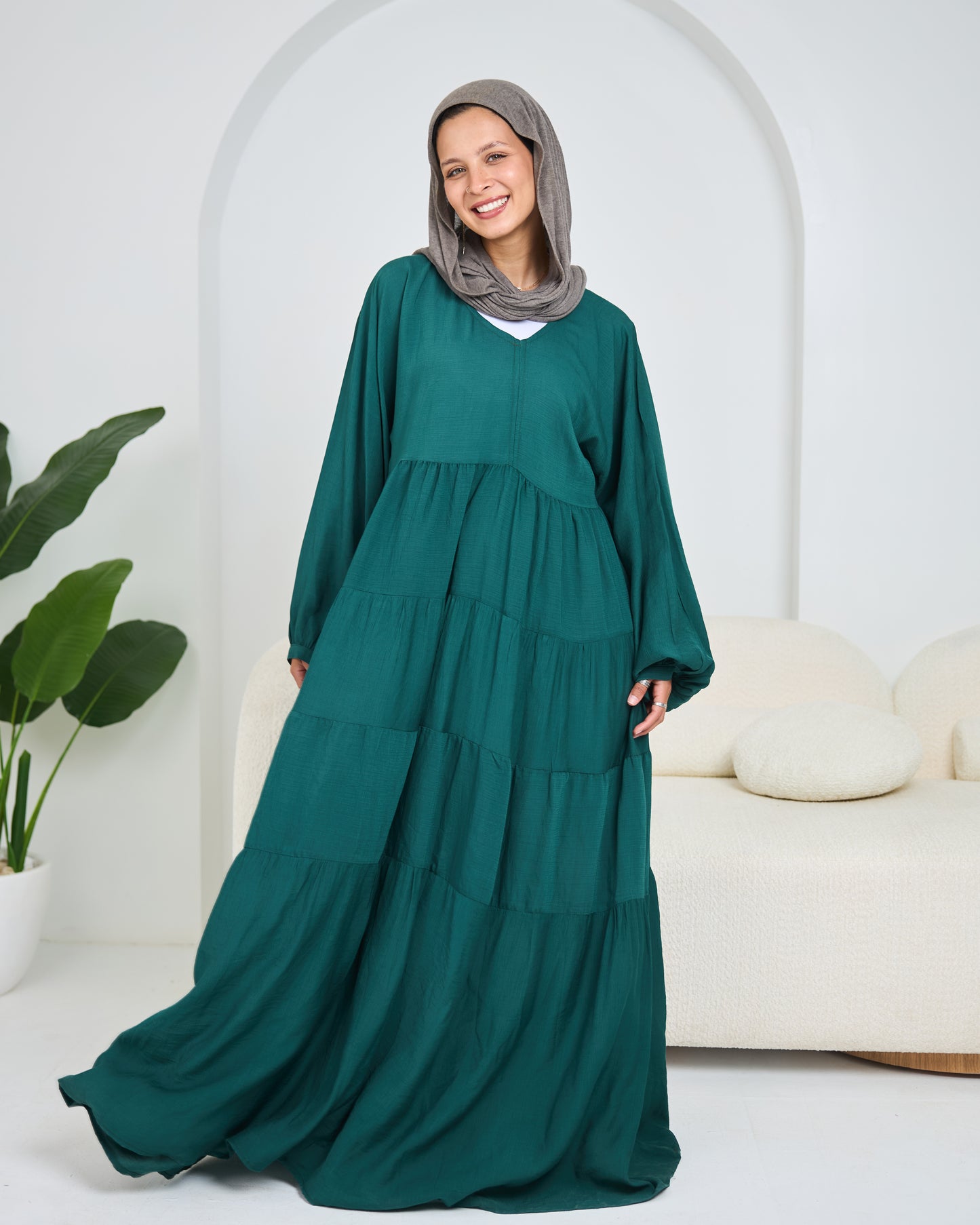 Linen Tiered Dress in Emerald-green