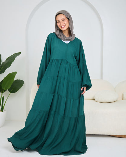 Linen Tiered Dress in Emerald-green