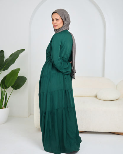 Linen Tiered Dress in Emerald-green