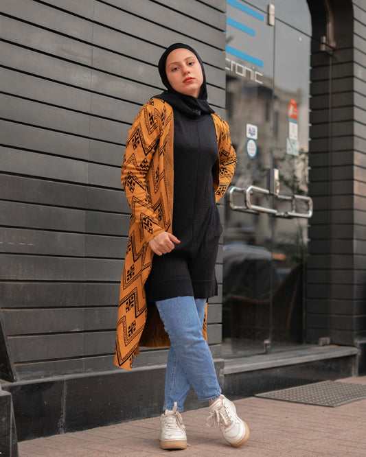 Zigzag Patterned Knitted Cardigan in Mustard