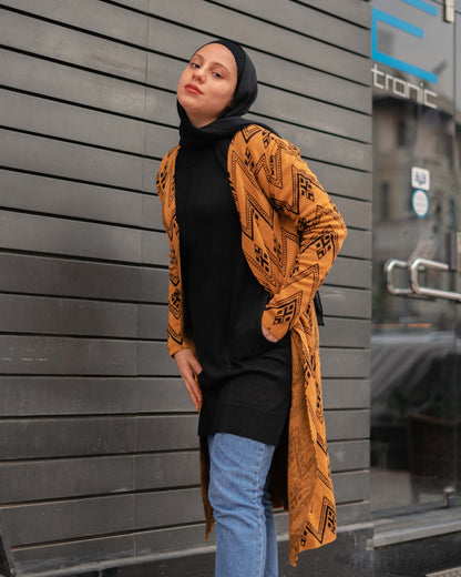 Zigzag Patterned Knitted Cardigan in Mustard