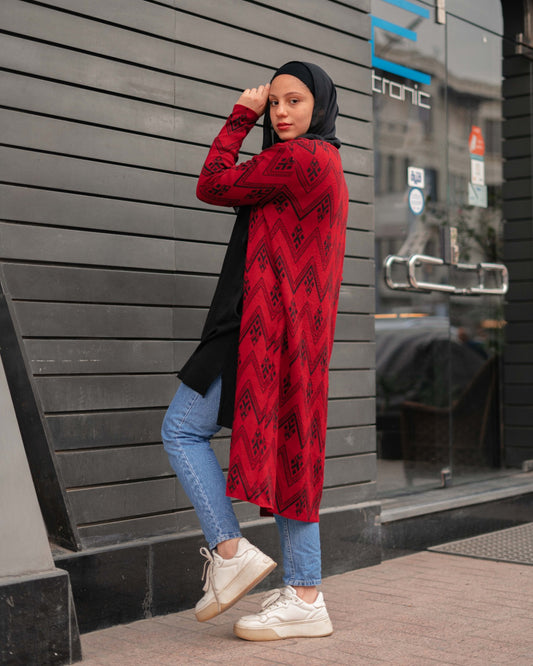 Zigzag Patterned Knitted Cardigan in Red