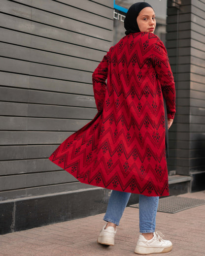 Zigzag Patterned Knitted Cardigan in Red