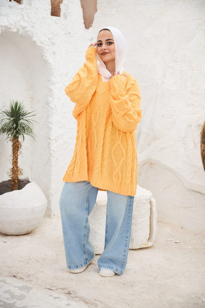 Cable-knit V-neck Sweater in Yellow