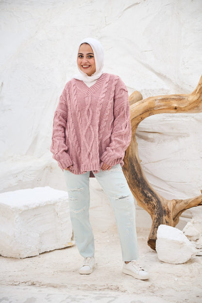 Cable-knit V-neck Sweater in Powder Pink
