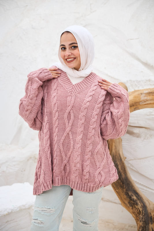 Cable-knit V-neck Sweater in Powder Pink