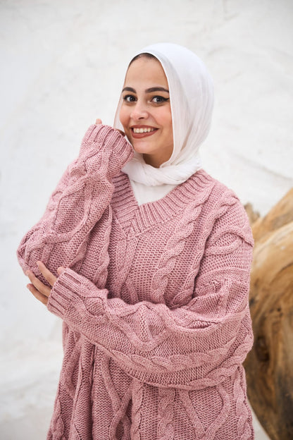 Cable-knit V-neck Sweater in Powder Pink