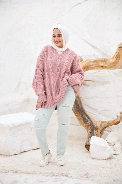 Cable-knit V-neck Sweater in Powder Pink