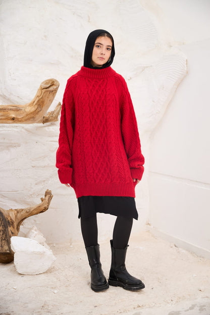 Oversized Cable-knit Sweater in Red
