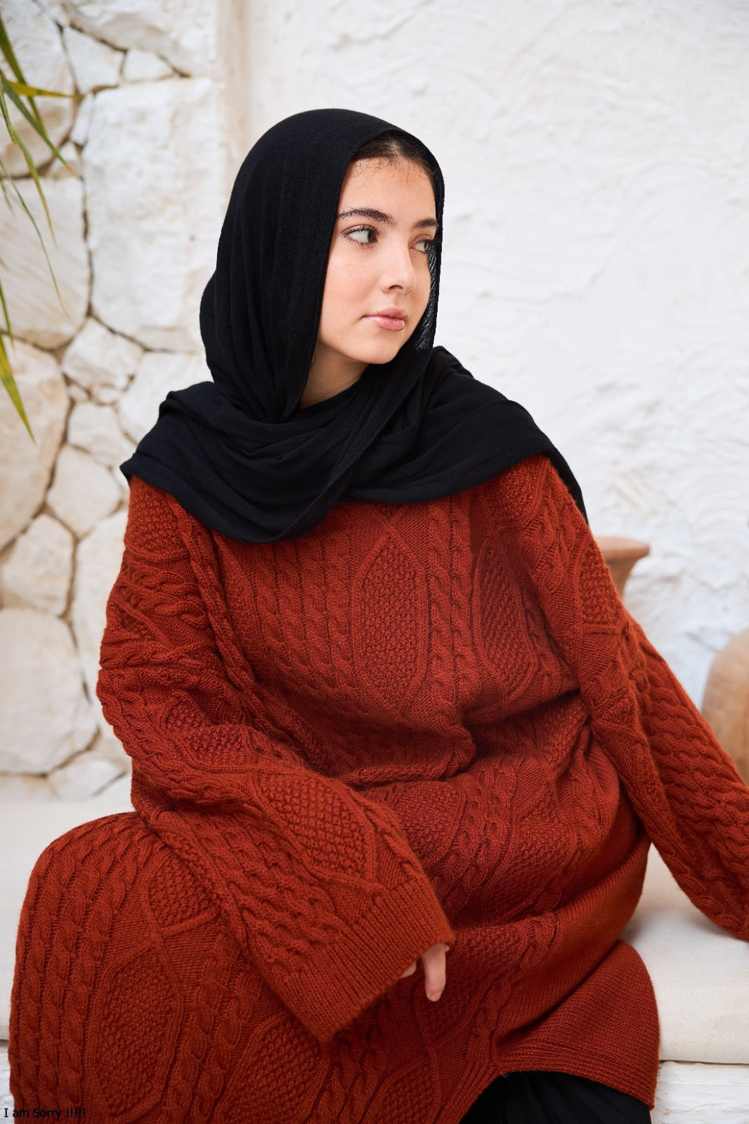 Midi Cable-Knit Dress in Brownish Red