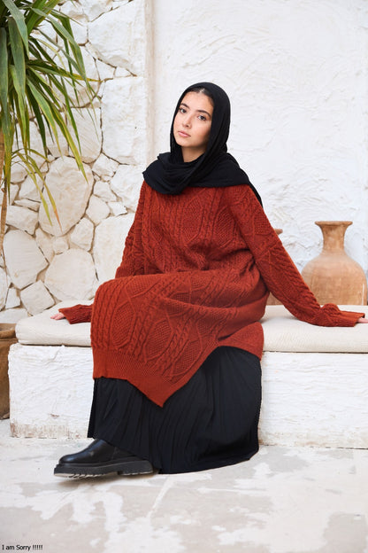 Midi Cable-Knit Dress in Brownish Red