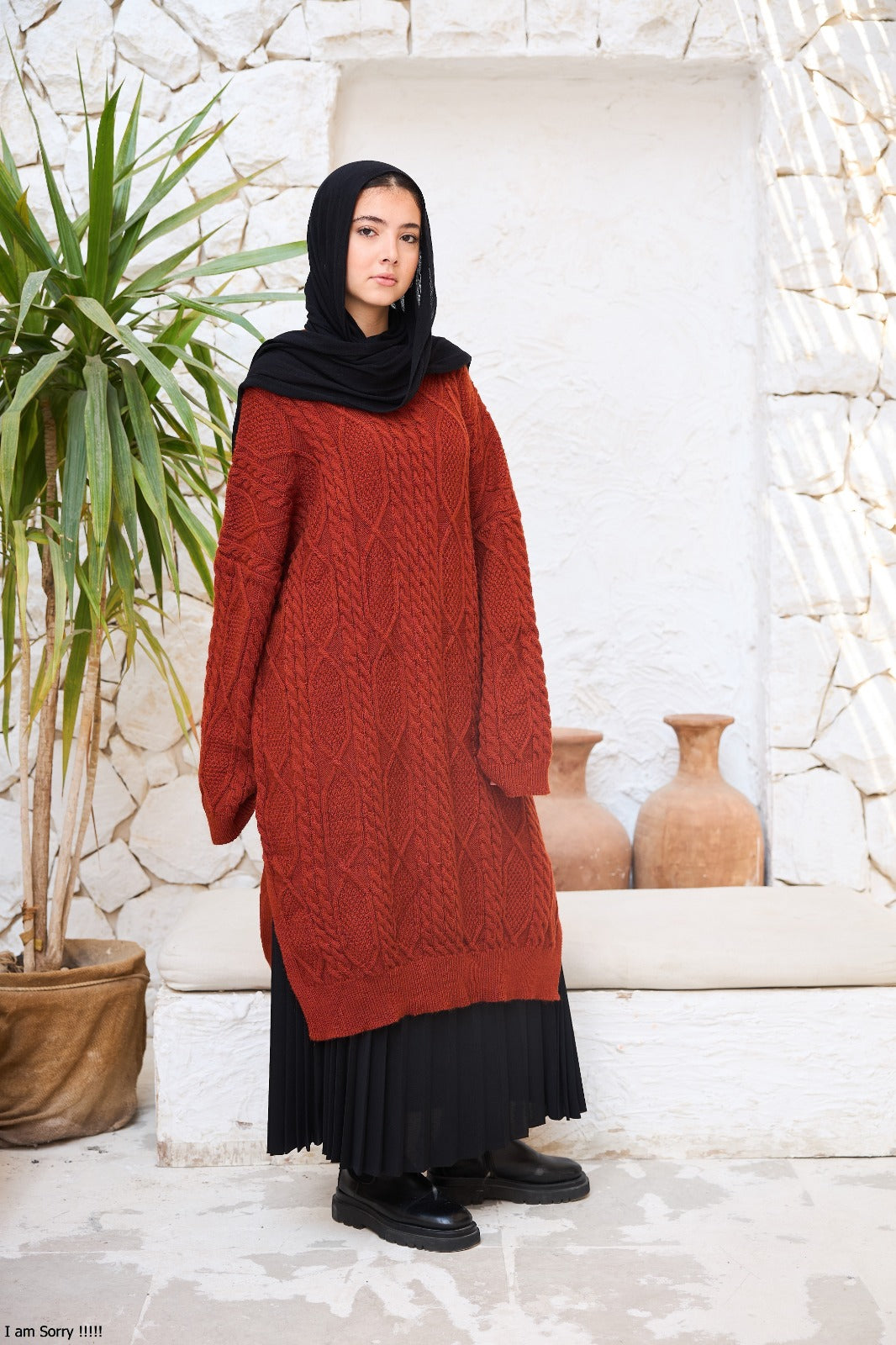 Midi Cable-Knit Dress in Brownish Red