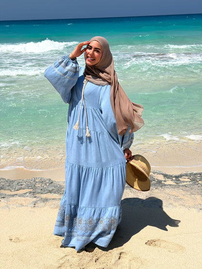 Cloud Denim Embroidered Maxi Dress