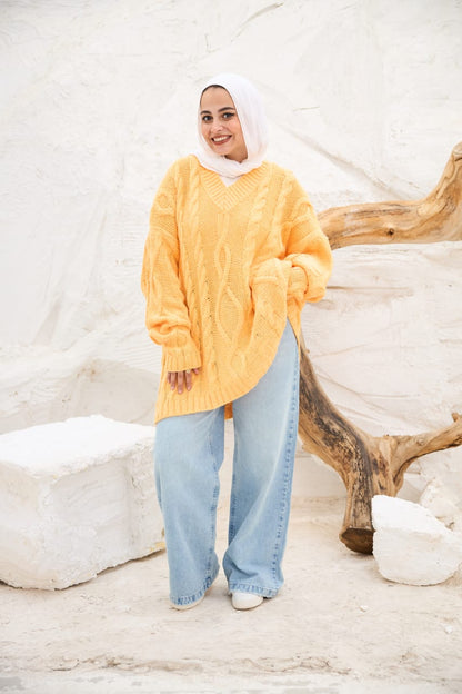 Cable-knit V-neck Sweater in Yellow