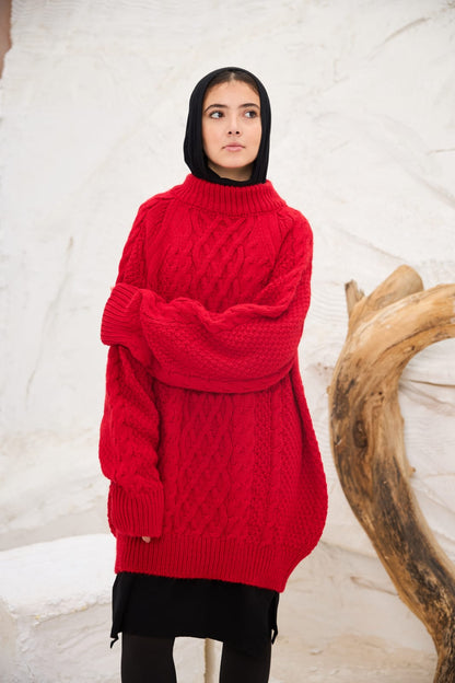 Oversized Cable-knit Sweater in Red