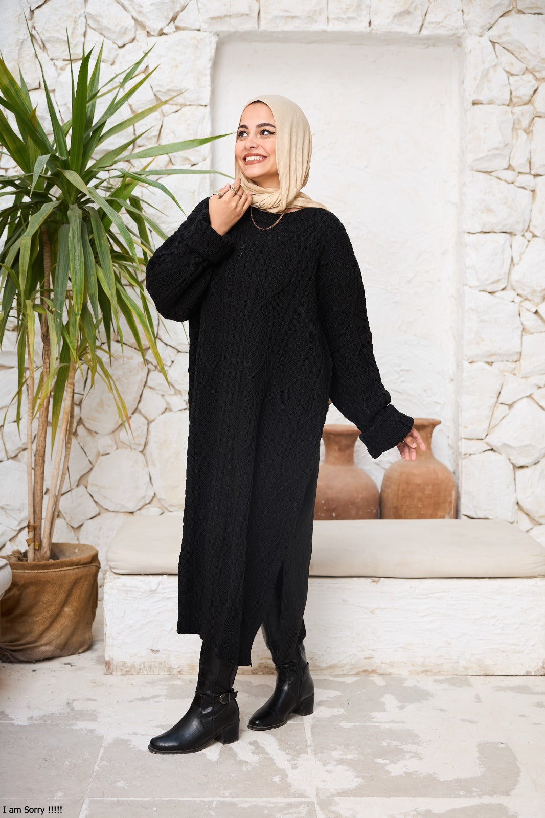 Midi Cable-Knit Dress in Black