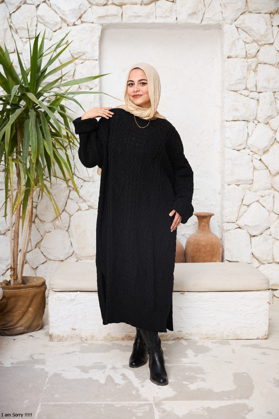 Midi Cable-Knit Dress in Black