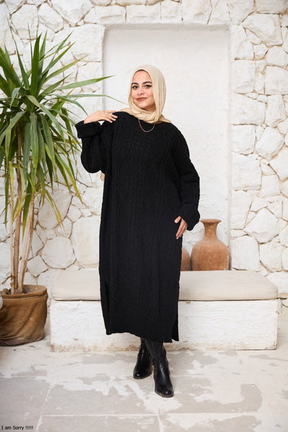 Midi Cable-Knit Dress in Black