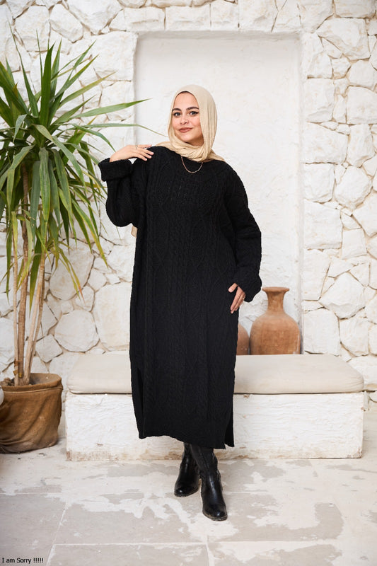 Midi Cable-Knit Dress in Black