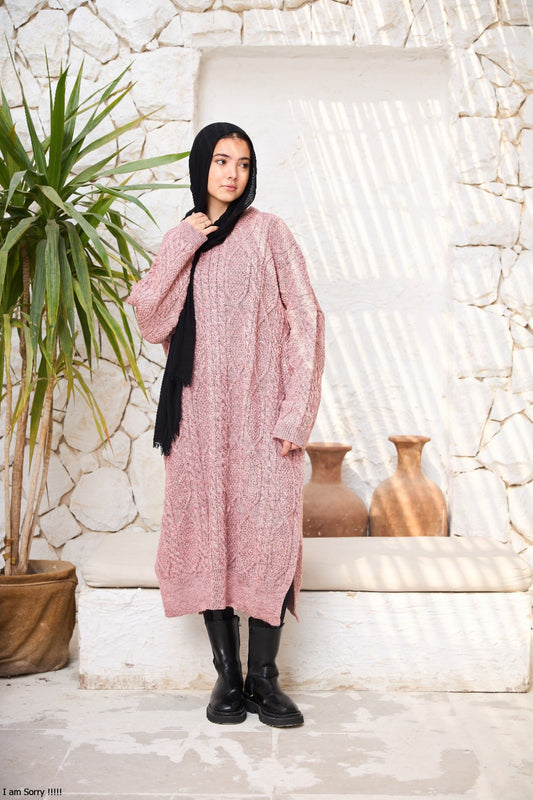 Midi Cable-Knit Dress in Powder Pink