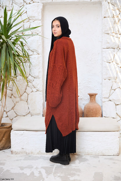 Midi Cable-Knit Dress in Brownish Red