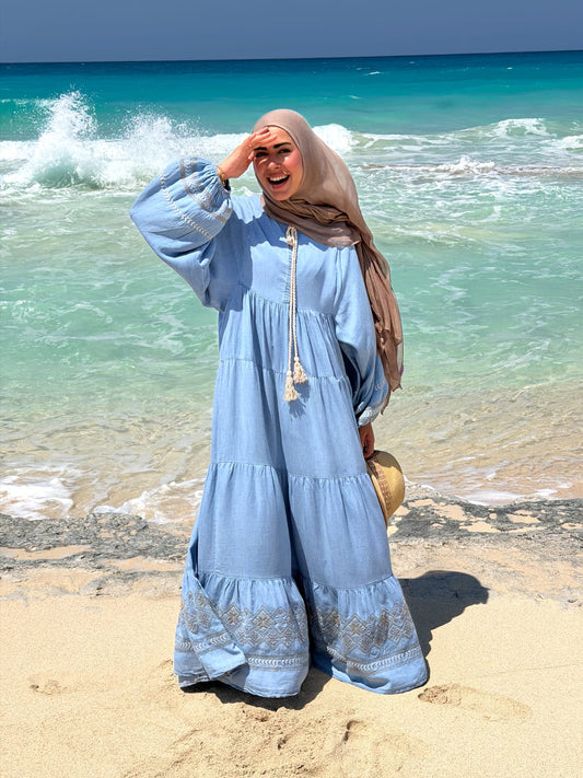 Cloud Denim Embroidered Maxi Dress