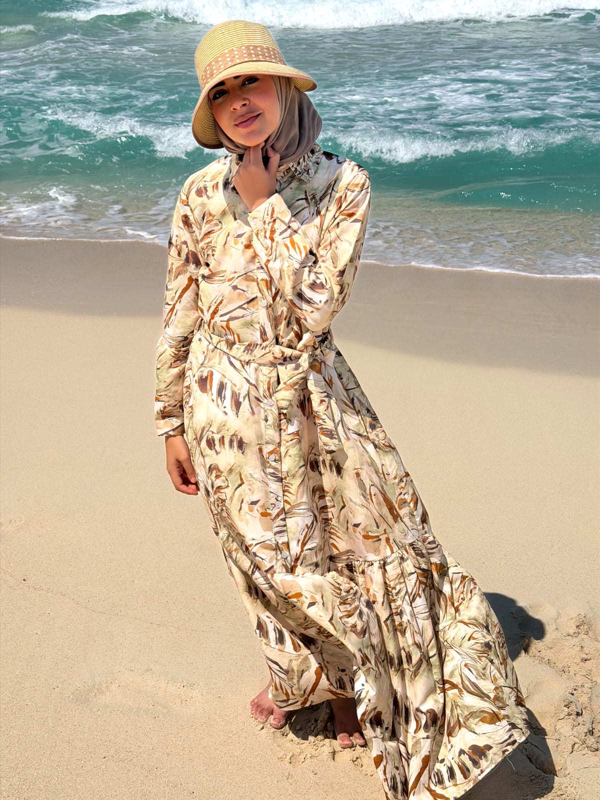 The Coastal Bloom Maxi Dress in Camel & Olive