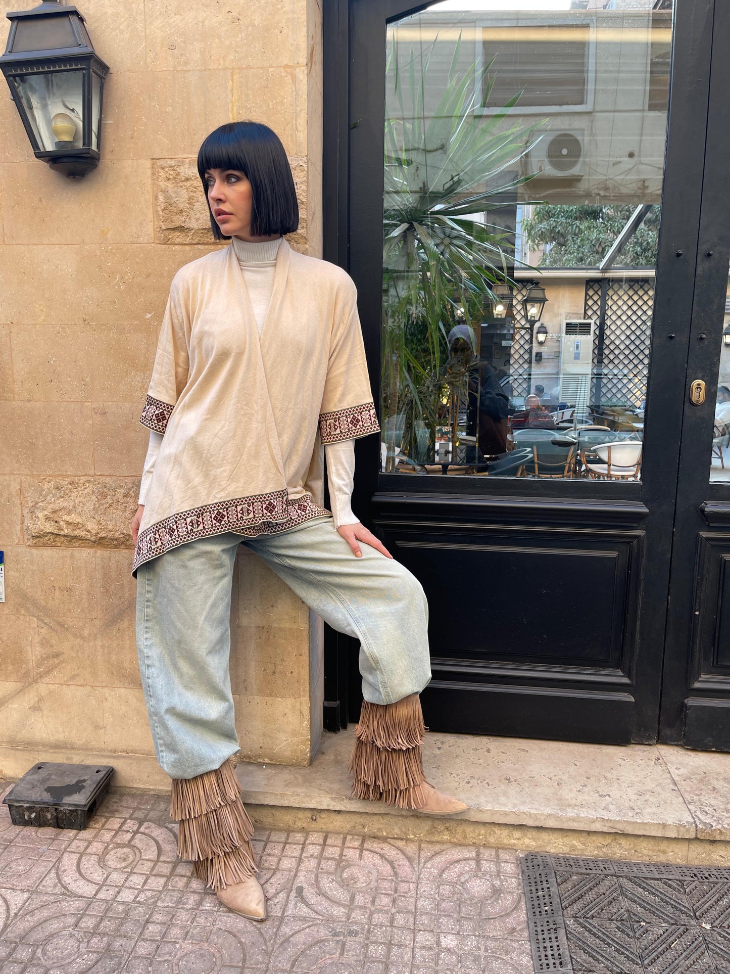 Turkish Boho Asymmetric Knit Cardigan in Beige
