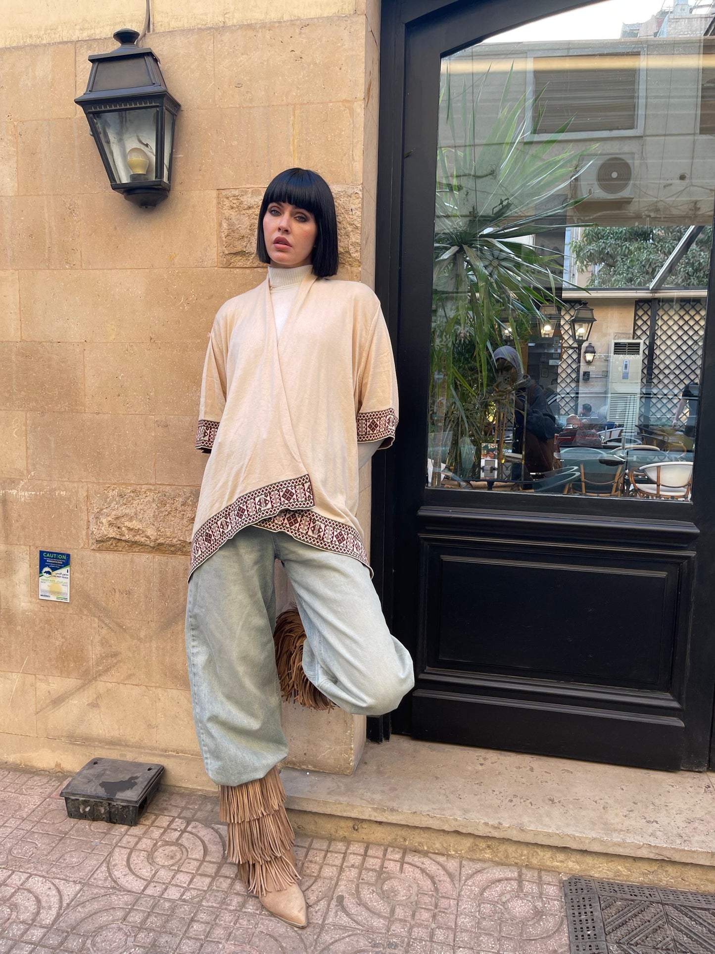 Turkish Boho Asymmetric Knit Cardigan in Beige
