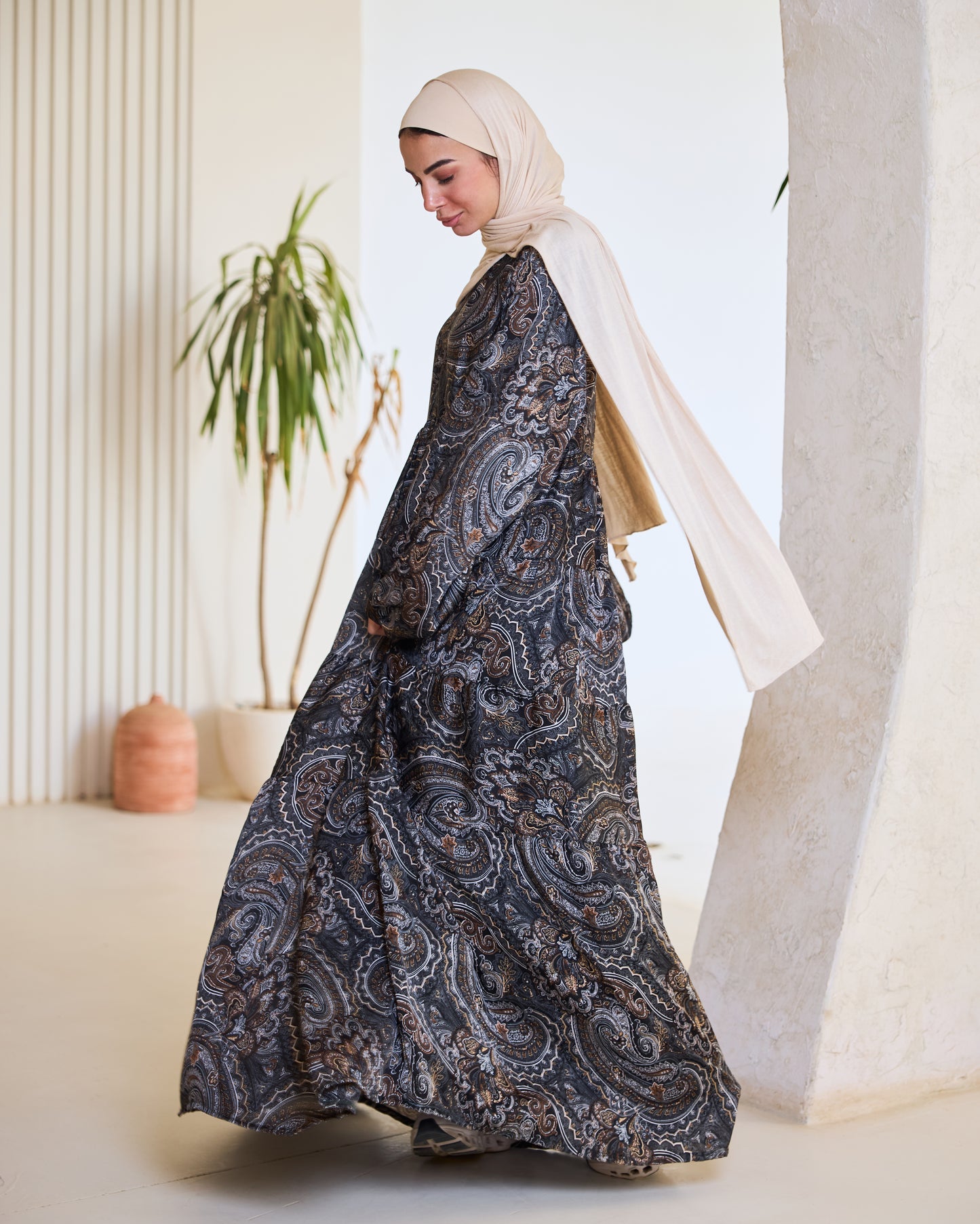 Bohemian Paisley Print Maxi Dress in Charcoal