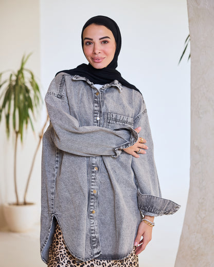 Oversized Washed Grey Denim Shirt