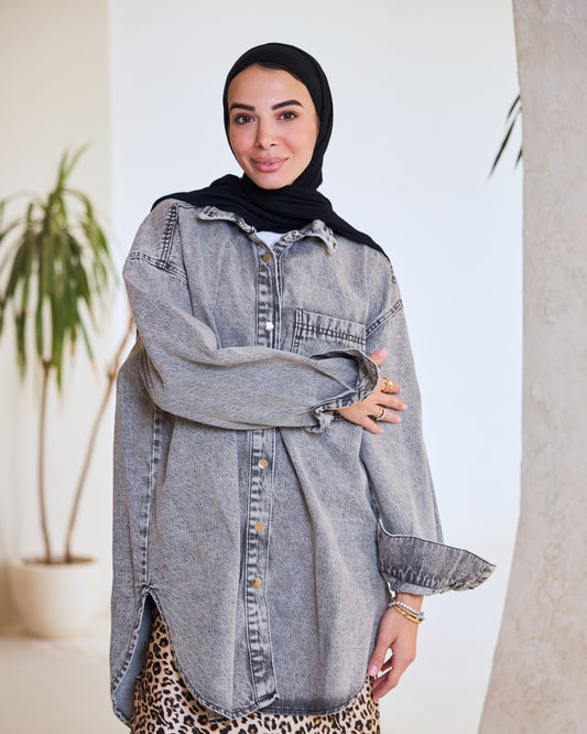 Oversized Washed Grey Denim Shirt