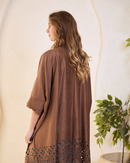 Laser-Cut Suede Kimono in Deep Brown
