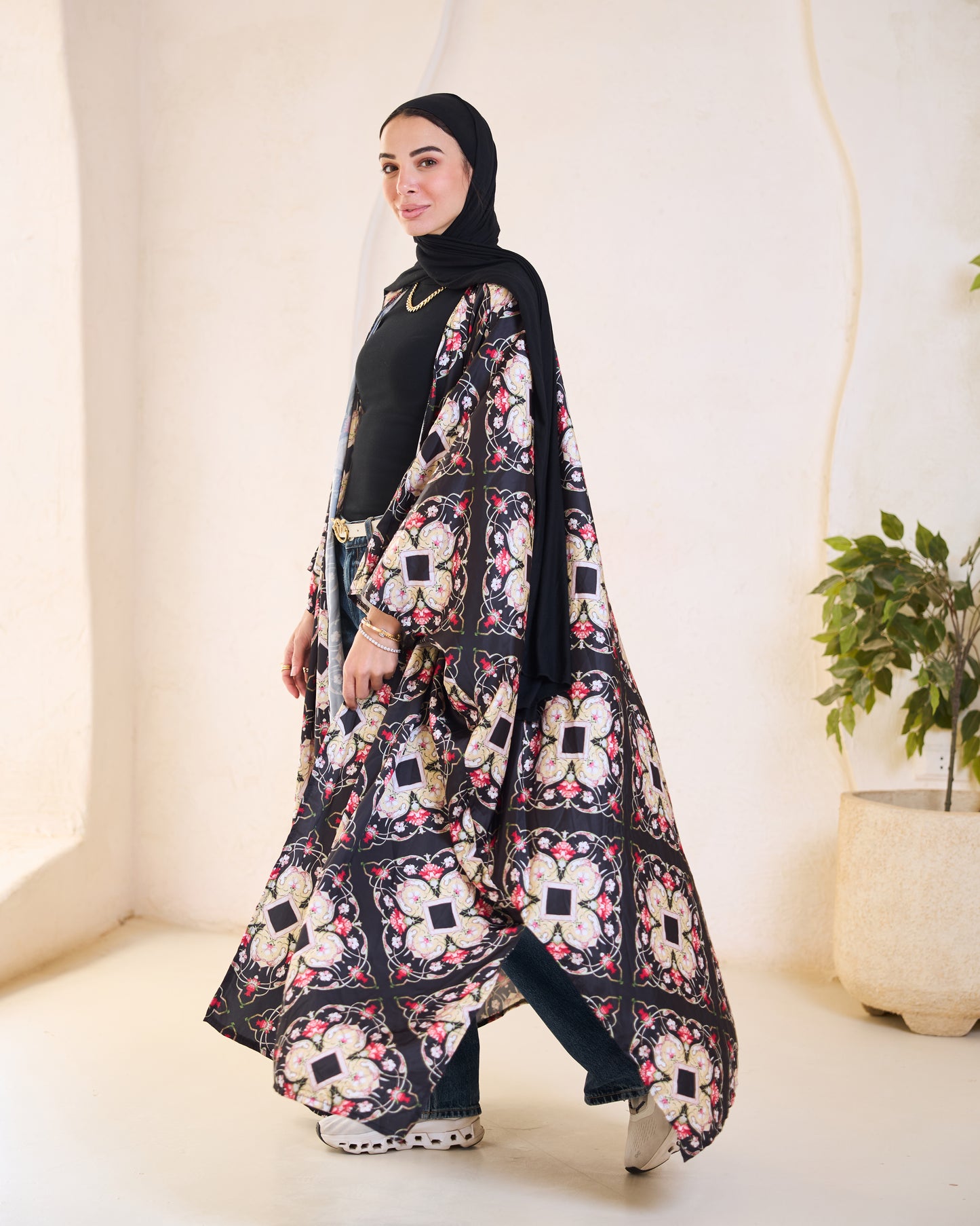 Black Floral Satin Longline Kimon