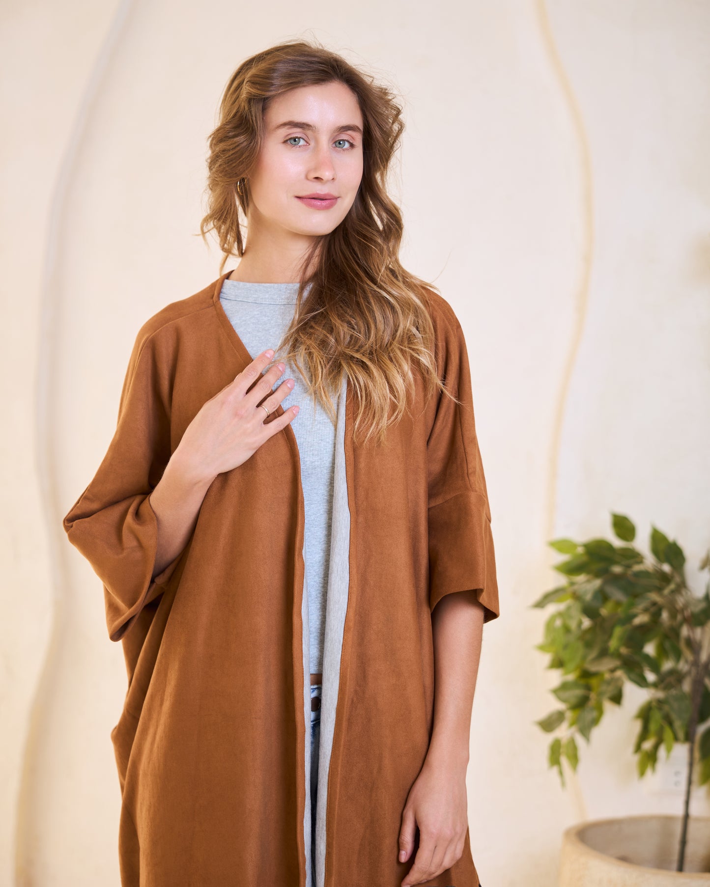 Laser-Cut Suede Kimono in Camel