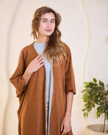 Laser-Cut Suede Kimono in Camel