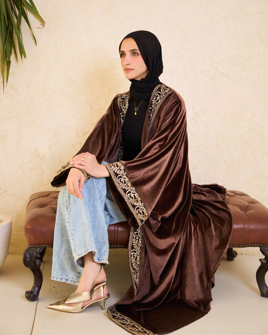 Mocha Heritage Gold-Embroidered Velvet Kaftan