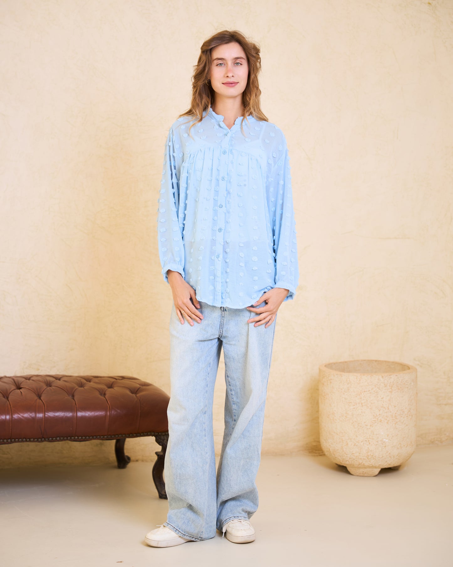 Baby Blue Pom-Pom Chiffon Blouse