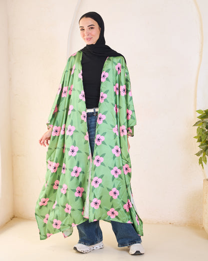 Botanical Bloom Satin Kimono – Sage & Peony