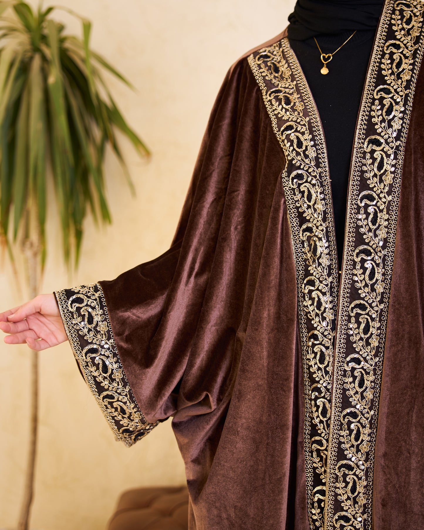 Mocha Heritage Gold-Embroidered Velvet Kaftan