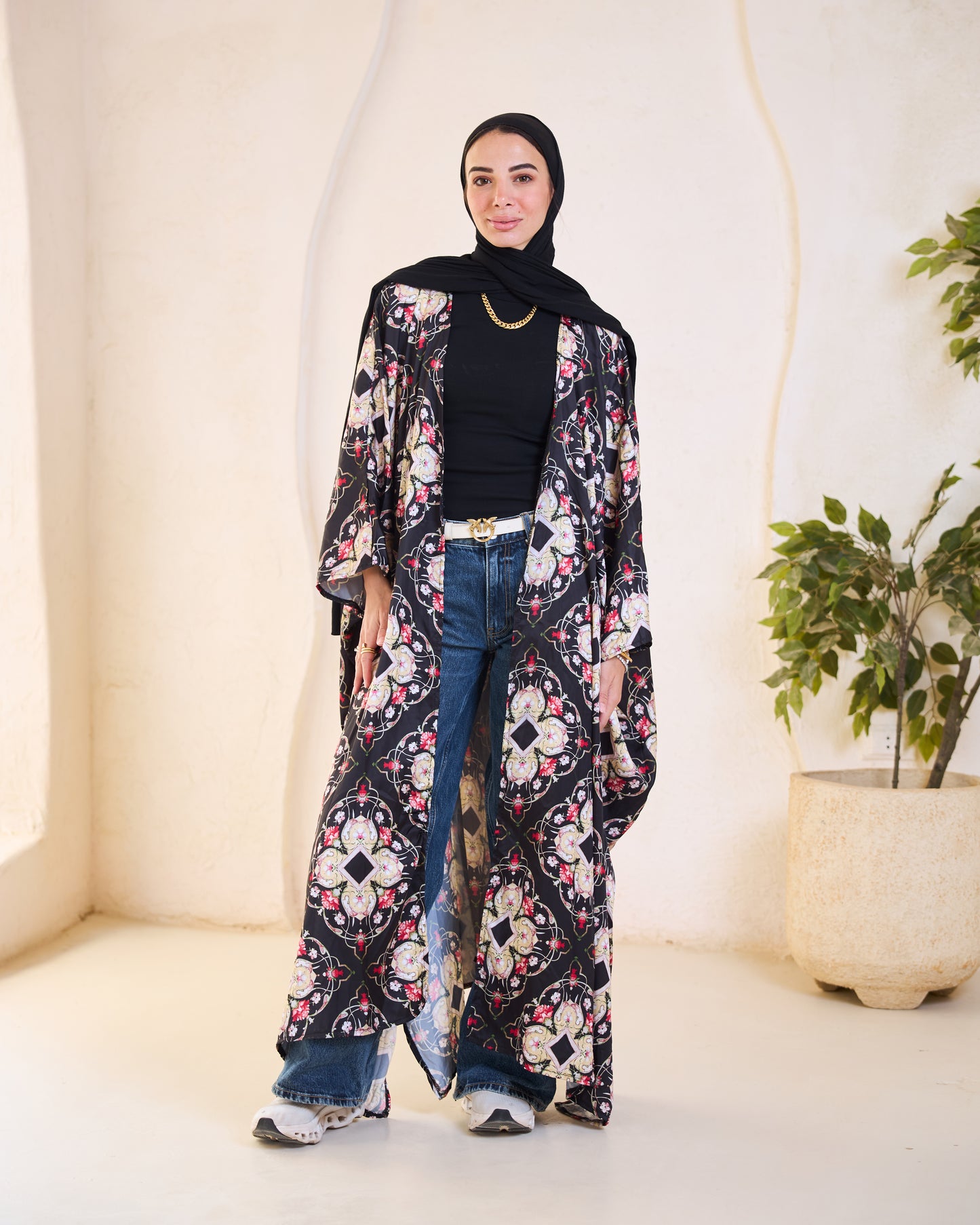 Black Floral Satin Longline Kimon