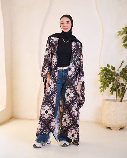 Black Floral Satin Longline Kimon